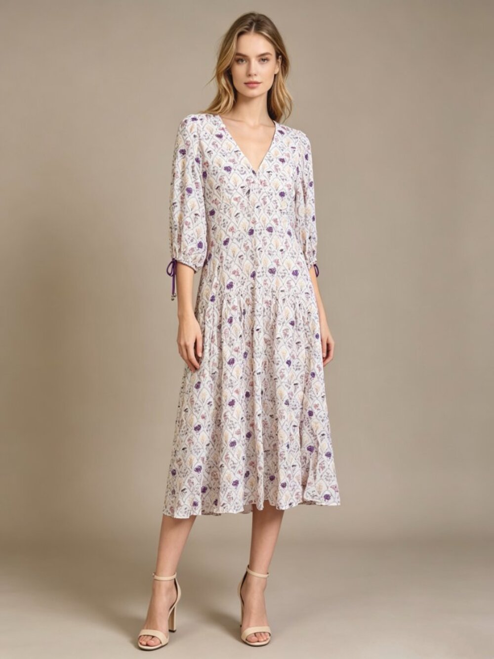NWOT Anthropologie Kivari Floral Blouson Sleeves Midi Dress Boho Purple Size 6